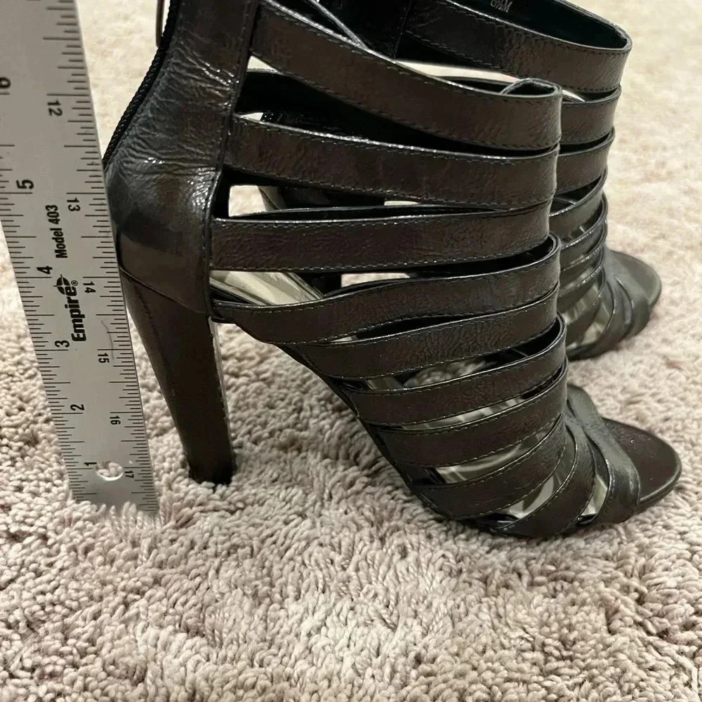 Colin Stewart 6.5 strappy high heel sandals booties brown gray patent leather